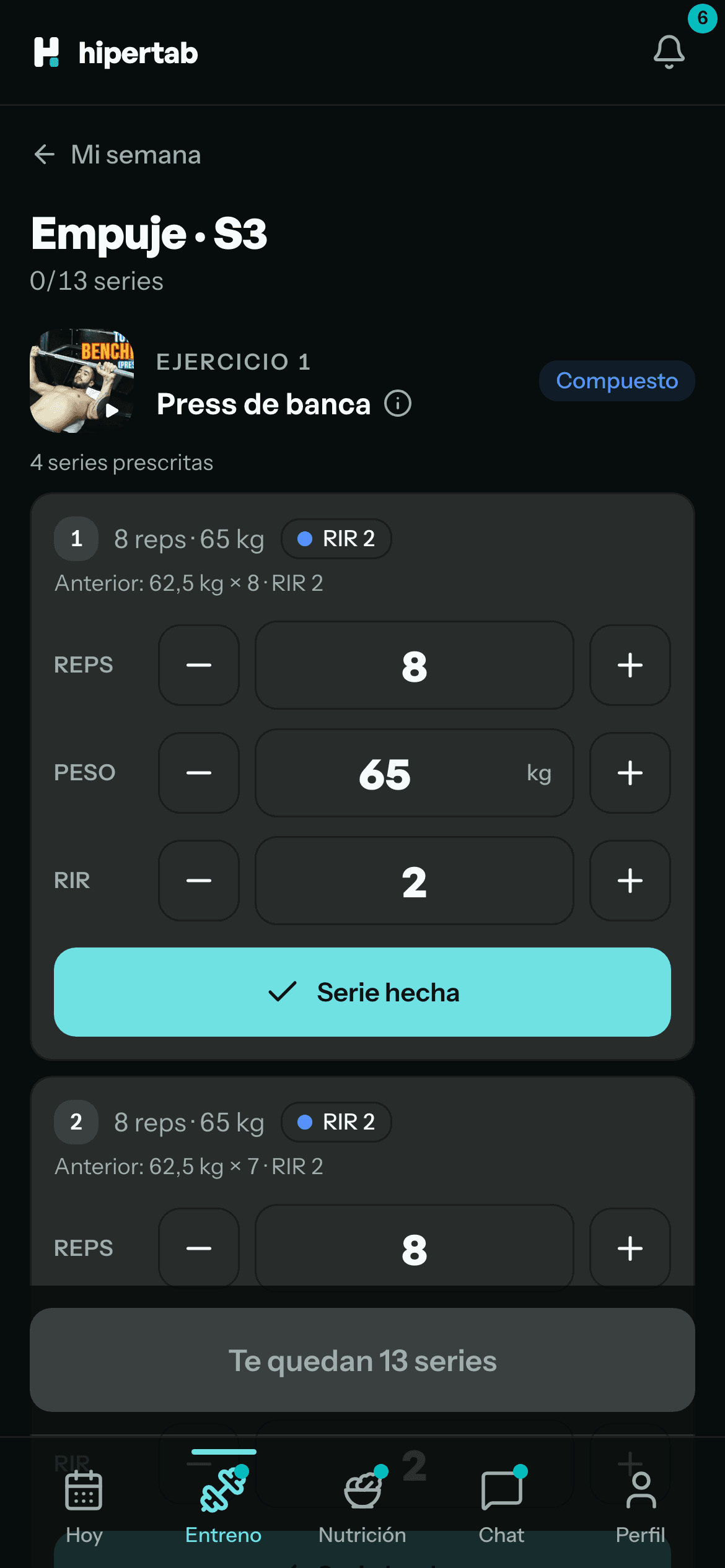 La misma sesión en el móvil del cliente, lista para registrar cada serie