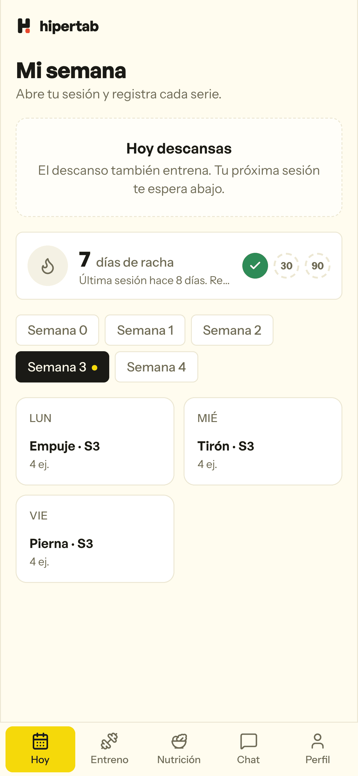 Portada de la app del cliente: su semana de entrenos, la racha y la sesión que toca