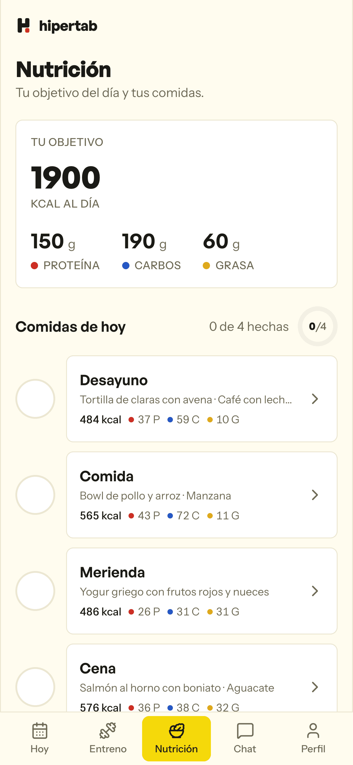 Pantalla de nutrición del cliente: objetivo de 1900 kcal, macros y comidas del día